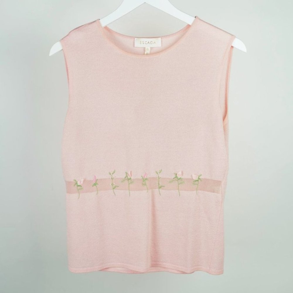Escada Pink Floral-Embroidered Knit Tank